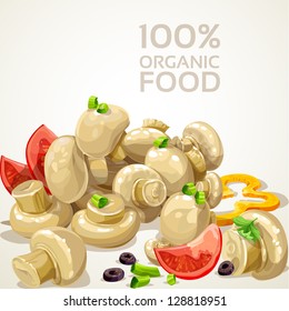 Banner with delicious marinated mushrooms and fresh vegetables