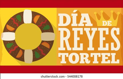 Banner with delicious tortell and crown design in flat style with long shadow effect for Spanish "Dia de Reyes" or Epiphany holiday.