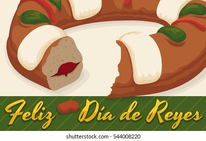 Banner with delicious tortell (or in Spanish "Roscon de Reyes") with a surprise of fava bean ready to be eaten in the traditional celebration of "Dia de Reyes" or Epiphany.