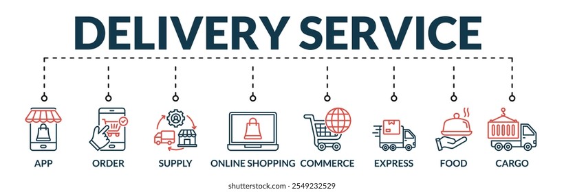 Banner of delivery service web vetor illustration concept with icons of app, order, supply, online shopping, commerce, express, food, cargo