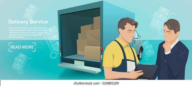 Banner of delivery service. Worker of Delivery service in uniform speaks with client