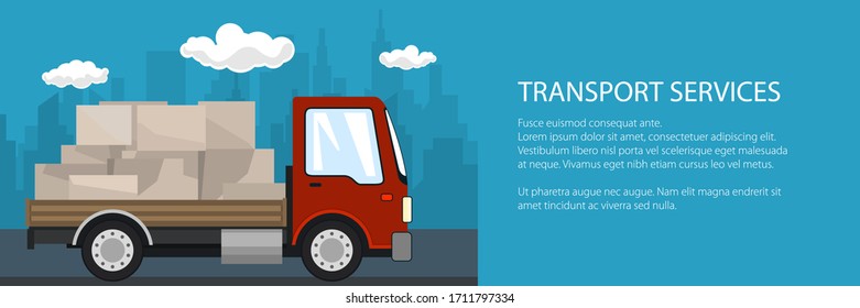 Banner of delivery services, red small cargo truck with boxes on the road, logistics, shipping and freight of goods, vector illustration