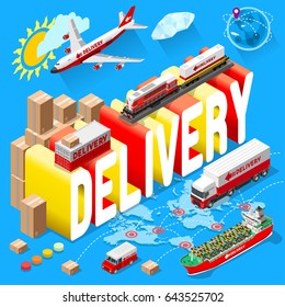 Banner for Delivery Services and Web E-Commerce. Vector illustration of International delivery and worldwide postage. Emailing and online shopping envelope and package. Isometric Design