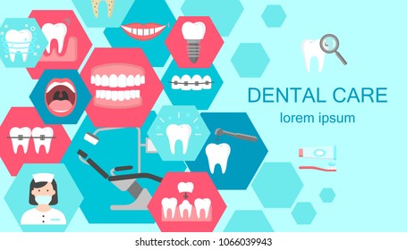 Banner of dental cabinet with dentist chair lamp dental instrument and symbols of clinic services. Flat style design vector illustration. Isolated on light blue background. Place for text