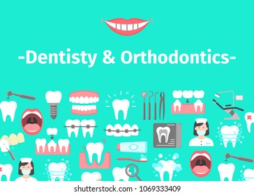 Banner of dental cabinet with dentist chair lamp dental instrument and symbols of clinic services. Flat style design vector illustration. Isolated on light blue background. Place for text