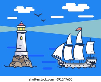 Banner depicting calm sea. Vector illustration of lighthouse with ship beside it and birds above against the background of blue sky