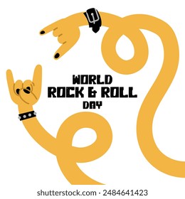 Banner depicting a rocker's hand depicting horns, a bracelet with spikes and a welcome sign in honor of Rock Day April 13. Long curved yellow arms. Inscription of the holiday. Two hands with bracelets