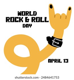 Banner depicting a rocker's hand depicting horns, bracelet with spikes and a welcome sign in honor of Rock Day on April 13. Long curved yellow arms. Inscription of the holiday. One arm, bracelet belt