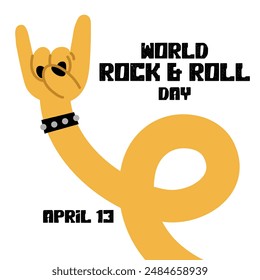 A banner depicting a rocker's hand depicting horns, a bracelet with spikes and a welcome sign in honor of Rock Day on April 13. Long curved yellow arms. The inscription of the holiday. One hand