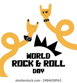 A banner depicting a rocker's hand depicting horns, a bracelet with spikes and a welcome sign in honor of Rock Day on April 13. Long curved yellow arms. The inscription of the holiday. Mohawk on white