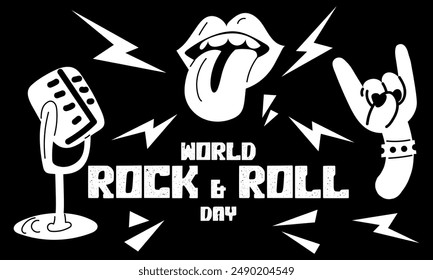 Banner depicting a rocker's hand with horns, a microphone, and a tongue. Welcome sign in honor of Rock Day on April 13th. The hand breaks free. Inscription about the holiday. Hand. Horizontally