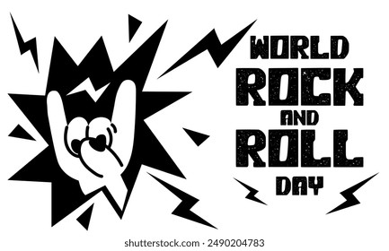 Banner depicting a rocker's hand with horns. Welcome sign in honor of Rock Day on April 13th. Hand bursts out of the lightning and explosion. The inscription about the holiday. One hand. Horizontally