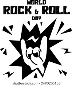 A banner depicting a rocker's hand with horns. A welcome sign in honor of Rock Day on April 13th. The hand bursts out of the lightning and explosion. The inscription about the holiday. One hand