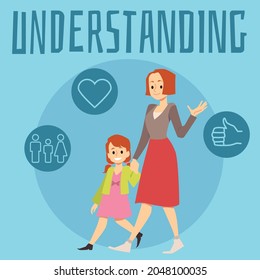 Banner depicting understanding good mother talking to her daughter, flat vector illustration. Respectful attitude and dialog between parents and children.