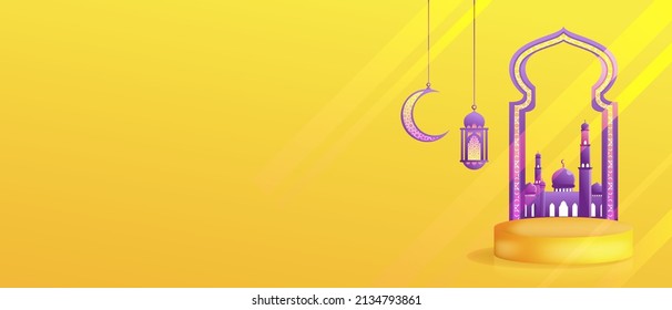 Banner design with 3d podium and ramadan ornament in whitespace