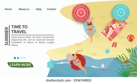 Banner for the design of advertising tourist websites and mobile applications, on the theme of summer holidays travel and vacation, Three girls are on the beach