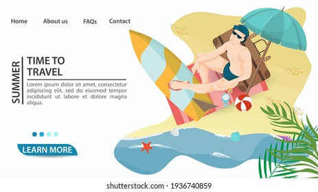 Banner for the design of advertising tourist websites and mobile applications, on the theme of summer holidays travel and vacation, A man sitting on a suitcase on the beach