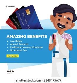 Banner design of amazing benefits of cards cartoon style template.
