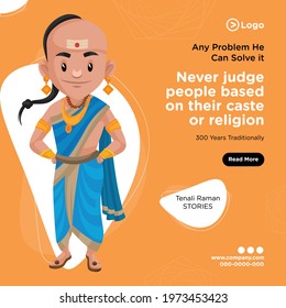 Banner design of any problem he can solve it tenali raman cartoon style template. Vector graphic illustration.