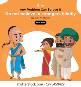 Banner design of any problem he can solve it tenali raman cartoon style template. Vector graphic illustration.