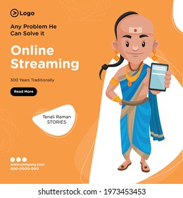 Banner design of any problem he can solve it tenali raman cartoon style template. Vector graphic illustration.
