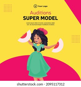 Banner design of auditions super model cartoon style illustration.