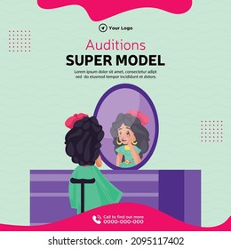 Diseño de banner de audiciones super modelo ilustración estilo caricatura.