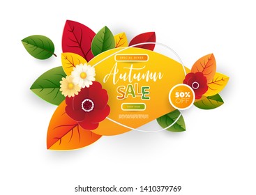 Banner design for autumn shopping promotion. 3D paper cut effect. Autumn sale offer with flowers and leaves. Vector illustration autumn.