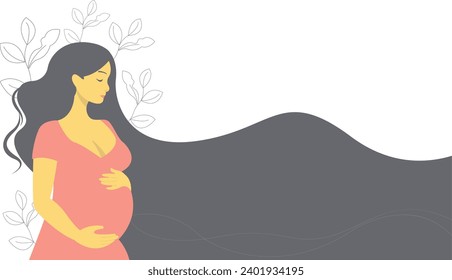 banner design background about mother and pregnancy, pregnant belly, simple design with soft colors, beautiful mother with long hair and place for text, flat design cartoon illustration