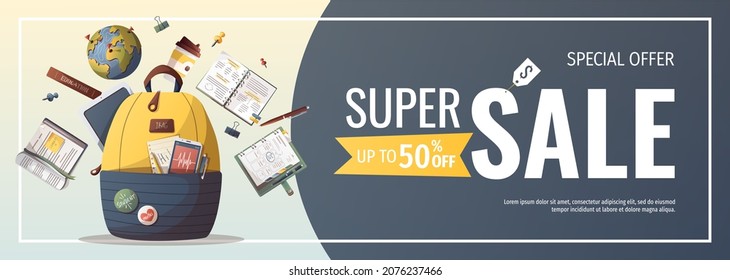 Banner design with Backpack and study supplies. Studying, education, learning, back to school, student, stationery concept. Vector illustration for poster, banner, flyer, advertising.