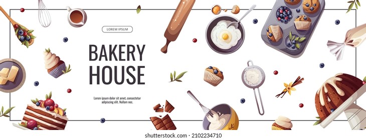 Banner design for baking, bakery shop, cooking, sweet products, dessert, pastry. Vector illustration for poster, banner, cover, flyer, menu, advertising.