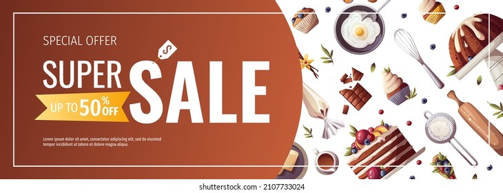 Banner design for baking, bakery shop, cooking, sweet products, dessert, pastry. Vector illustration for poster, banner, cover, flyer, menu, advertising.