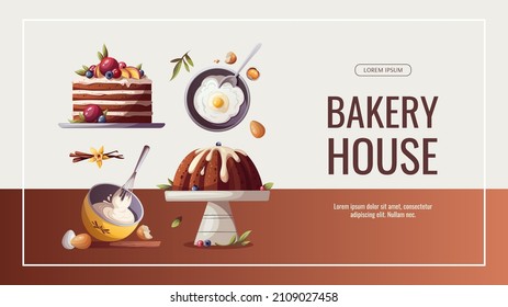 Banner design for baking, bakery shop, cooking, sweet products, dessert, pastry. Vector illustration for poster, banner, cover, flyer, menu, sale, advertising.