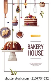 Banner design for baking, bakery shop, cooking, sweet products, dessert, pastry. A4 vector illustration for poster, banner, cover, flyer, menu, sale, advertising.