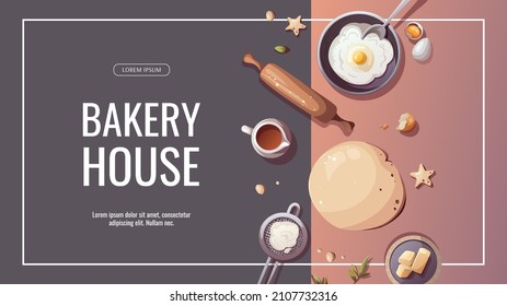 BAnner design with baking elements. Baking, bakery shop, cooking, sweet products, dessert, pastry concept. Vector illustration for poster, banner, flyer, menu, advertising.