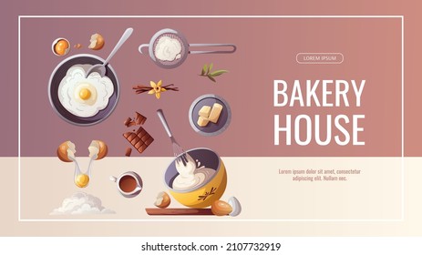 Banner design with baking elements. Baking, bakery shop, cooking, sweet products, dessert, pastry concept. Vector illustration for poster, banner, flyer, menu, advertising.