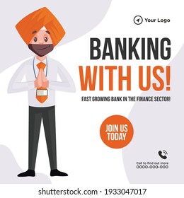 Banner design of banking with us. Man with greet hand. Vector graphic illustration.