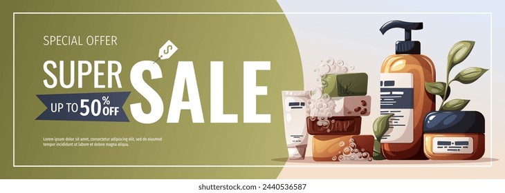 Banner design with beauty creams, cosmetics, soap. Beauty, skin care, hair care, cleansing concept. Vector illustration for banner, promo, poster.