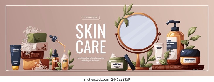 Banner design with beauty creams,  soap, serum. Beauty, skin care, hair care, cleansing, cosmetics concept. Vector illustration for banner, promo, poster.