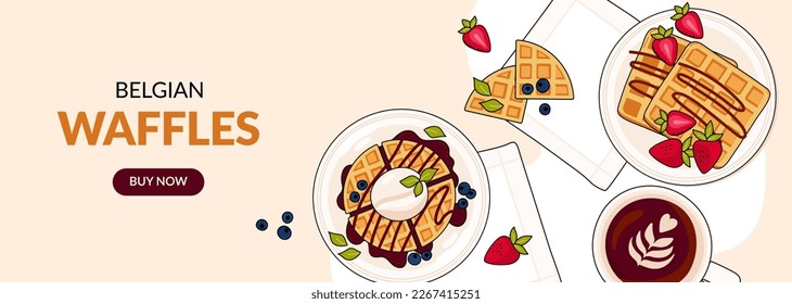 Bannerdesign mit belgischen Waffeln. Banner, Website, Werbung, Menü. Vektorgrafik im Doodstil