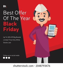 Banner design of best offer of the year black Friday cartoon style template. 