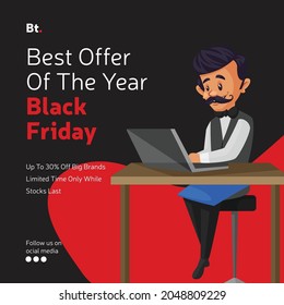 Banner design of best offer of the year black Friday sale cartoon style template. 