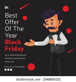 Banner design of best offer of the year black Friday sale cartoon style template. 