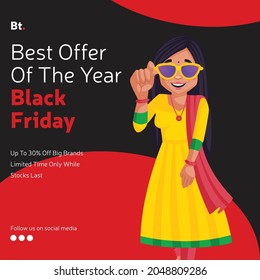 Banner design of best offer of the year black Friday cartoon style template. 