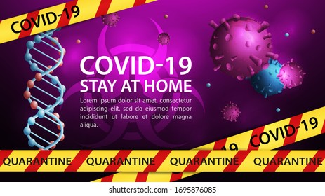 Banner design, biohazard sign, restriction tape, DNA, with the COVID-19 molecule, on a dark pink background