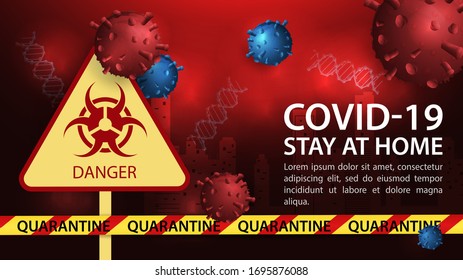 Banner design, biohazard sign, restriction tape, with the covid-19 molecule, against the city background