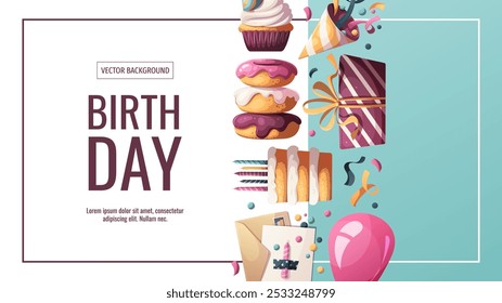 Banner design with Birthday cakes, gifts, party hat, donuts, cupcake. Birthday party, celebration, congratulations, invitation concept. Vector illustration for advertising, promo, banner. 