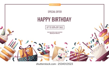 Banner design with Birthday cakes, gifts, party hat, donuts, cupcake. Birthday party, celebration, congratulations, invitation concept. Vector illustration for promo, advertising, banner. 