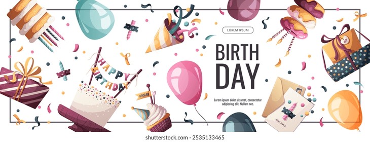 Design de banner com bolos de aniversário, presentes, chapéu de festa, rosquinhas, cupcake. Festa de aniversário, celebração, parabéns, conceito do convite. Ilustração vetorial para promoção, publicidade, banner. 