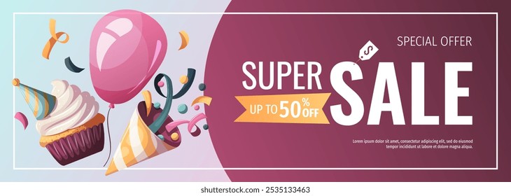 Banner design with Birthday cupcake, party hat, and balloon. Birthday party, celebration, congratulations, invitation concept. Vector illustration for advertising, promo, banner. 